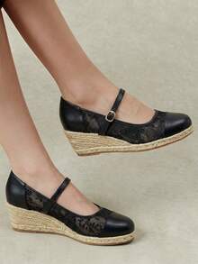 Styleloop Women's Hemp Rope Straw Weave Wedge Heel Black Lace Mesh Women's Wedge Heel Shoes Shoes Hemp Rope Shoes Bohemian Style Vacation Beach Se Fall Shoes - Black - View 2