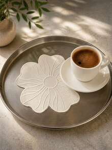Cirelle 1pc Floral Embroidered Placemat And Coaster, White Flower Shaped Fabric Table Mat, Elegant Heat Resistant Tableware Dinner Mat For Home Wedding Party Decor - Beige - View 2