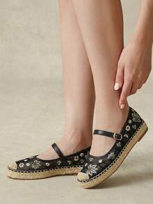 Styleloop Ladies Floral Personalized Mesh Breathable Platform Shoes With Buckle Mary Jane Flats, Suitable For Christmas Holiday Wear And Travel Essentials Fall Shoes - Black - View 5