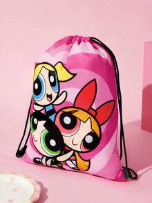 THE POWERPUFF GIRLS X SHEIN 小女警卡通創意印花抽繩背包，輕量布料，抽繩封口可快速繫緊，大容量，S號 - 玫瑰紅 - 查看 3