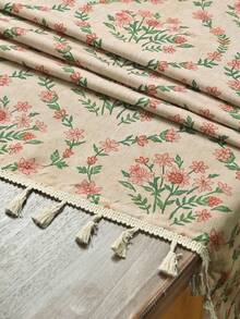 1pc Vintage Floral Print Tassel Decor Tablecloth, French Farmhouse Style Table Cover For Dining Table Home Kitchen Party Decor - Shallow bottom pollen - View 7