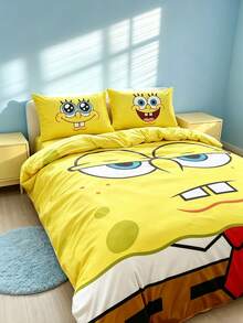 SpongeBob SquarePants | SHEIN 3件組卡通圖案被套組，柔軟保暖，可水洗，適用於單人/雙人/Queen/King尺寸床 - 黃色 - 查看 2