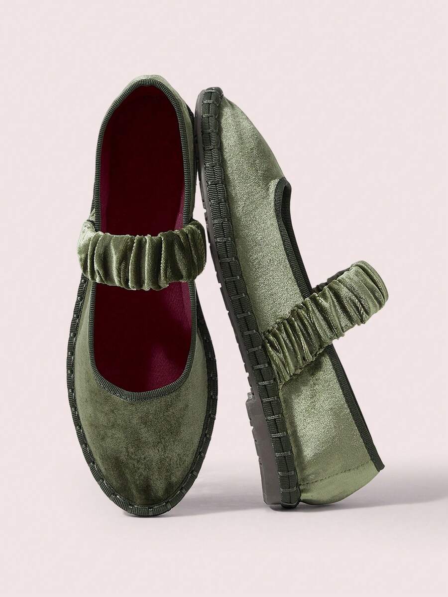 CUCCOO DOLLMOD Women's Bright Orange Elegant Velvet Classic Comfortable Velvet Pleated Elastic Mary Jane Flat Shoes Spring Shoes Fall Shoes - Olive Green/195 - View 1