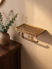 Cirelle 1Pc Wall‑Mounted Toilet Paper Holder, Space‑Aluminum Material With Carved Vintage Scroll Patterns, Built‑In Shelf And Side Hook, Multi‑Storage Fixture For Bathroom Lavatory Wall Space Organization - Multicolor - View 4