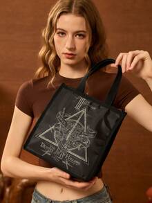 HARRY POTTER X SHEIN Tas Bekal Makan Siang Berinsulasi Motif Rune Segitiga Vintage, Lapisan Dalam Penahan Panas. Muat Bento dan Minuman untuk Pekerja Kantoran, Pelajar, dan Perjalanan Piknik. - Khaki hitam - View 2