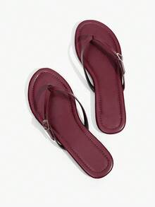 Grefit Ladies' Elegant Summer Burgundy PU Flat Bottom Corner Slippers - Burgundy - View 10
