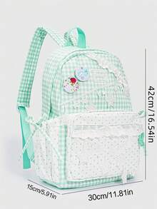 ROMWE Kawaii 1Pc Sweet Plaid Backpack, Star‑Decorated School Backpack, Aesthetic Lace Ruffle Preppy School Bag, Back‑To‑School & Travel Shoulder Bag - Green - View 3