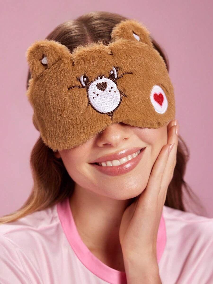 SHEIN X Care Bears 1Pc Cartoon Embroidered Blindfold, Soft Plush Material, Strong Shading Power, Suitable For Going Out For Travel, Office Lunch Break - Brown - View 1