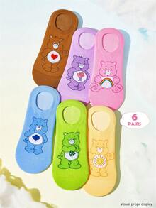 SHEIN X Care Bears 6雙時尚透氣柔軟隱形船襪 女款短襪 加強後跟耐磨款 彩色卡通雲朵圖案 - 雜色 - 查看 1