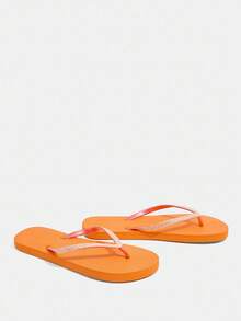 Grefit Women's Fashionable Black Glitter Thong Sandals With Flexible Flat Sole, Suitable For Home, Beach, Holiday And Various Occasions - Orange - View 3
