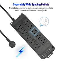 Teckwe 16-In-1 Power Strip Surge Protector With USB, 10 Widely Spaced AC Outlets, 4 USB-A & 2 USB-C PD 18W Fast Charging Ports, 4 FT Extension Cord, 2400W/12A Wall Mountable Outlet Extender For Home Office - Black - View 8