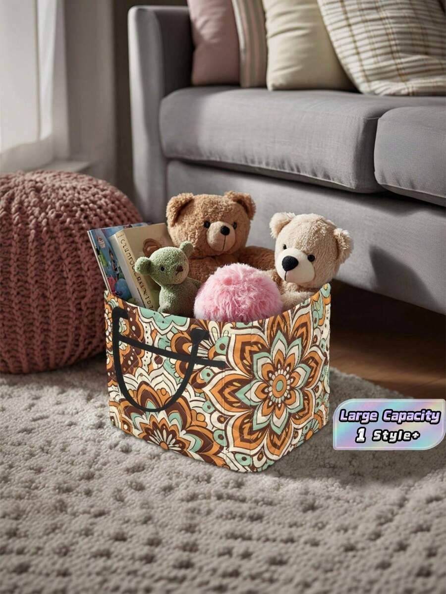 1PC Large Capacity Quilted Fabric Storage Basket With Front Pocket Sturdy Carry Handles Reusable Foldable Retro Mandala Floral Print Storage Bin For Laundry Clothes Toy Book Sundries Home Bedroom Laundry Room Organizer - Multicolor - View 1