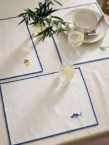 Cirelle 4pcs Coastal Embroidered Placemats - White Cloth Dining Placemats With Blue Border & Summer Motifs, Washable Table Mats For Indoor & Outdoor Dining - Multicolor - View 3