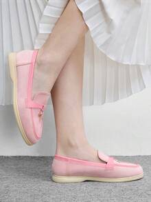 CUCCOO BIZCHIC 女款時尚粉色拼接舒適通勤平底樂福鞋，適合戶外購物、上班與日常穿著 - 樹莓裸粉 - 查看 10