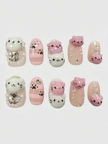 ROMWE Anime 10Pcs Pink And White Y2K Cat Expression Retro Striped Mine Series Mass Production Pure Hand-Worn Nail, Suitable For Colleges, Music Festivals, Dating - Pink White - View 1