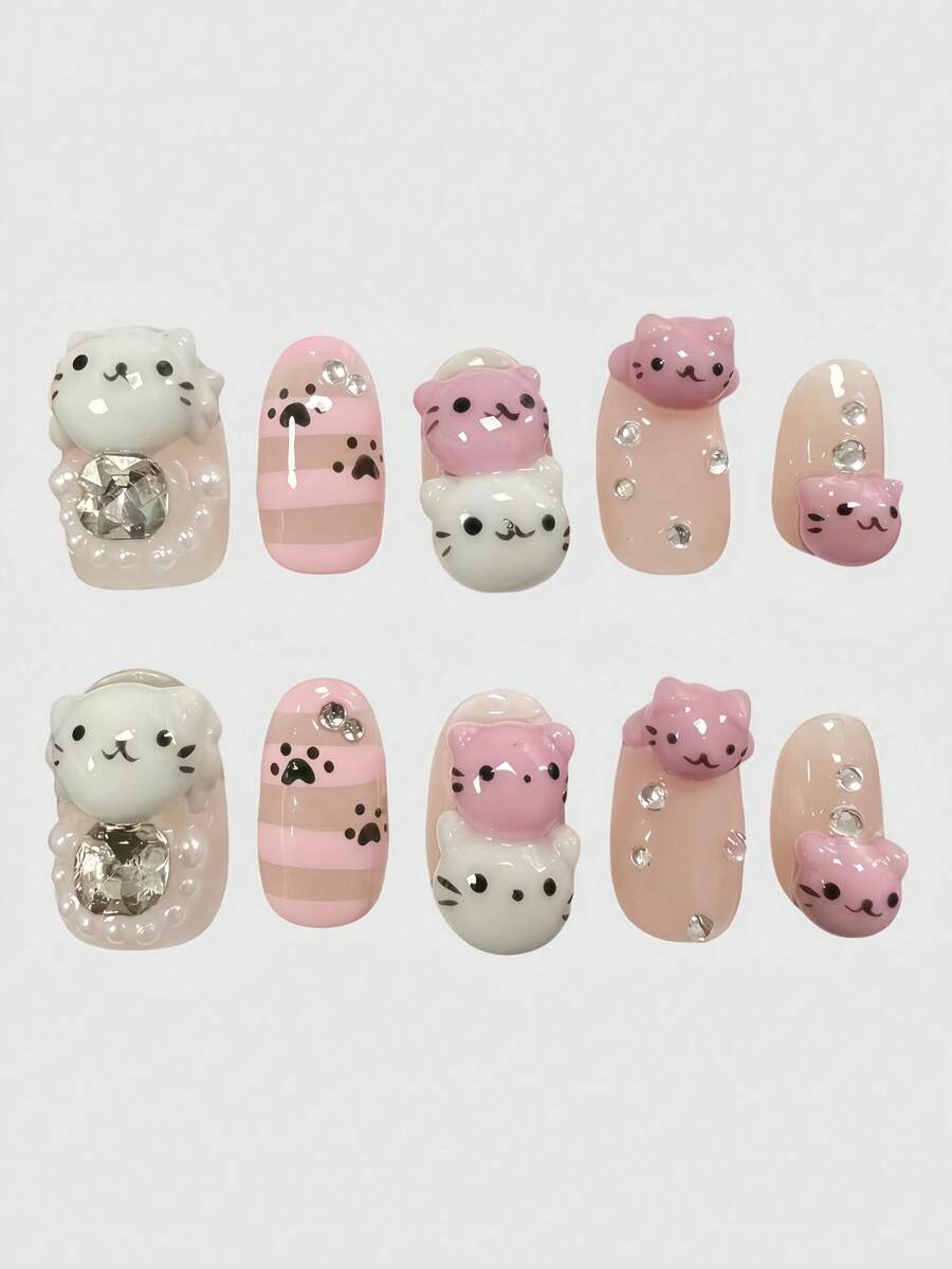 ROMWE Anime 10Pcs Pink And White Y2K Cat Expression Retro Striped Mine Series Mass Production Pure Hand-Worn Nail, Suitable For Colleges, Music Festivals, Dating - Pink White - View 1