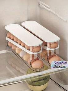1Pc Automatic Double-Layer Egg Holder - 12-14 Eggs Capacity, Hinged Sliding Design, Keeps Eggs Fresh, Non-Food-Contact Plastic, Refrigerator & Kitchen Organizer - Multicolor - View 1