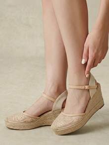 Styleloop Women's Mesh Lace Embroidery Beaded Decoration And Color Matching Toe Design Fashionable Wedge Heel Shoes, Women's Closed Toe With Hemp Rope Fall Shoes - Apricot - View 7