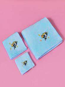 THE POWERPUFF GIRLS X SHEIN 1/3pc Super Absorbent Towel, Owl Cartoon Embroidered Towel Set, Hand Towel/Towel/Bath Towel Three-Piece Set, Can Be Used For Hand Wiping, Bathing, Beach, Swimming - Blue - View 5