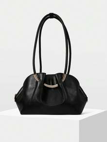 MOTF WOMEN'S FASHION BLACK SHOULDER BAG, EXQUISITE HARDWARE BUCKLE, SIMPLE FAN TOTE BAG, ZIPPER SHELL BAG, FOR DAILY USE, COMMUTING, SHOPPING - Black - View 2