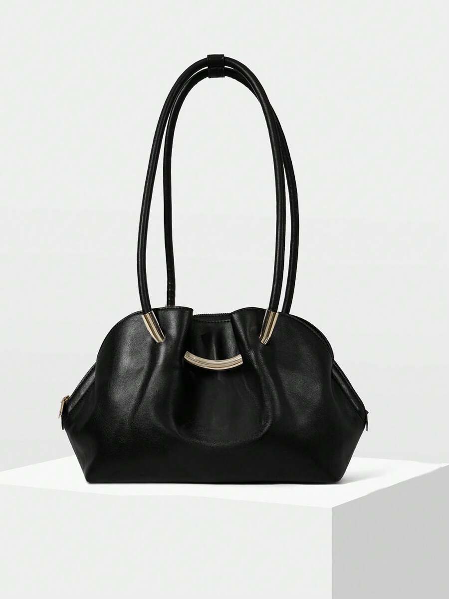 MOTF WOMEN'S FASHION BLACK SHOULDER BAG, EXQUISITE HARDWARE BUCKLE, SIMPLE FAN TOTE BAG, ZIPPER SHELL BAG, FOR DAILY USE, COMMUTING, SHOPPING - Black - View 2