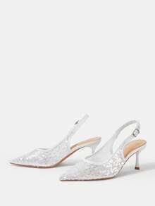CUCCOO HITCHD White Mesh Gradient Sequins Pointed Thin Heels Empty Sandals, Fairy Simple Dew Heels Shallow High Heels Women - White - View 3
