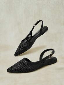 Styleloop 女款尖頭真編織拼接休閒百搭時尚平底涼鞋，適合日常通勤旅行，夏季鞋款 - 黑色3 - 查看 3