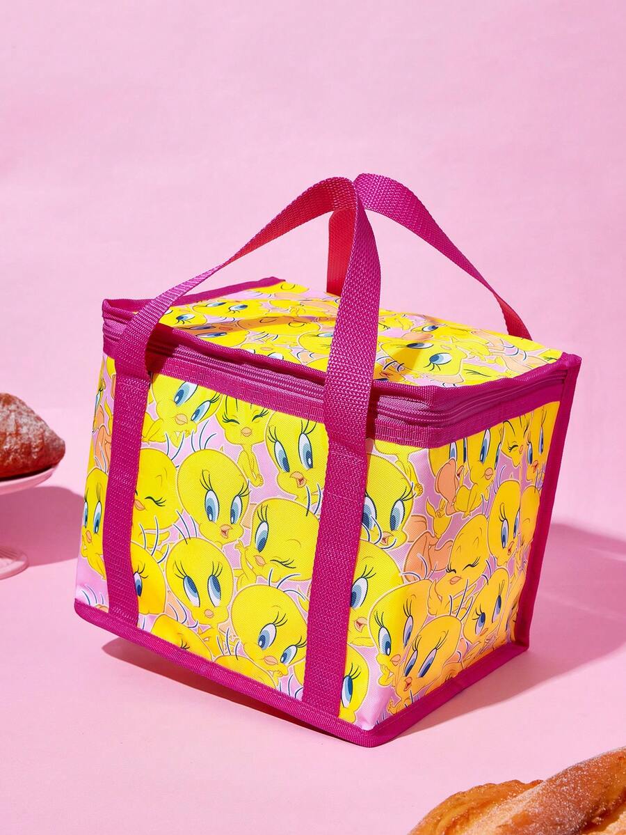 LOONEY TUNES X SHEIN Cartoon Yellow Bird Print Large Capacity Insulated Lunch Bag With Pink Trim, Portable Cooler Tote For Picnic, School & Daily Use - Yellow pink - View 1