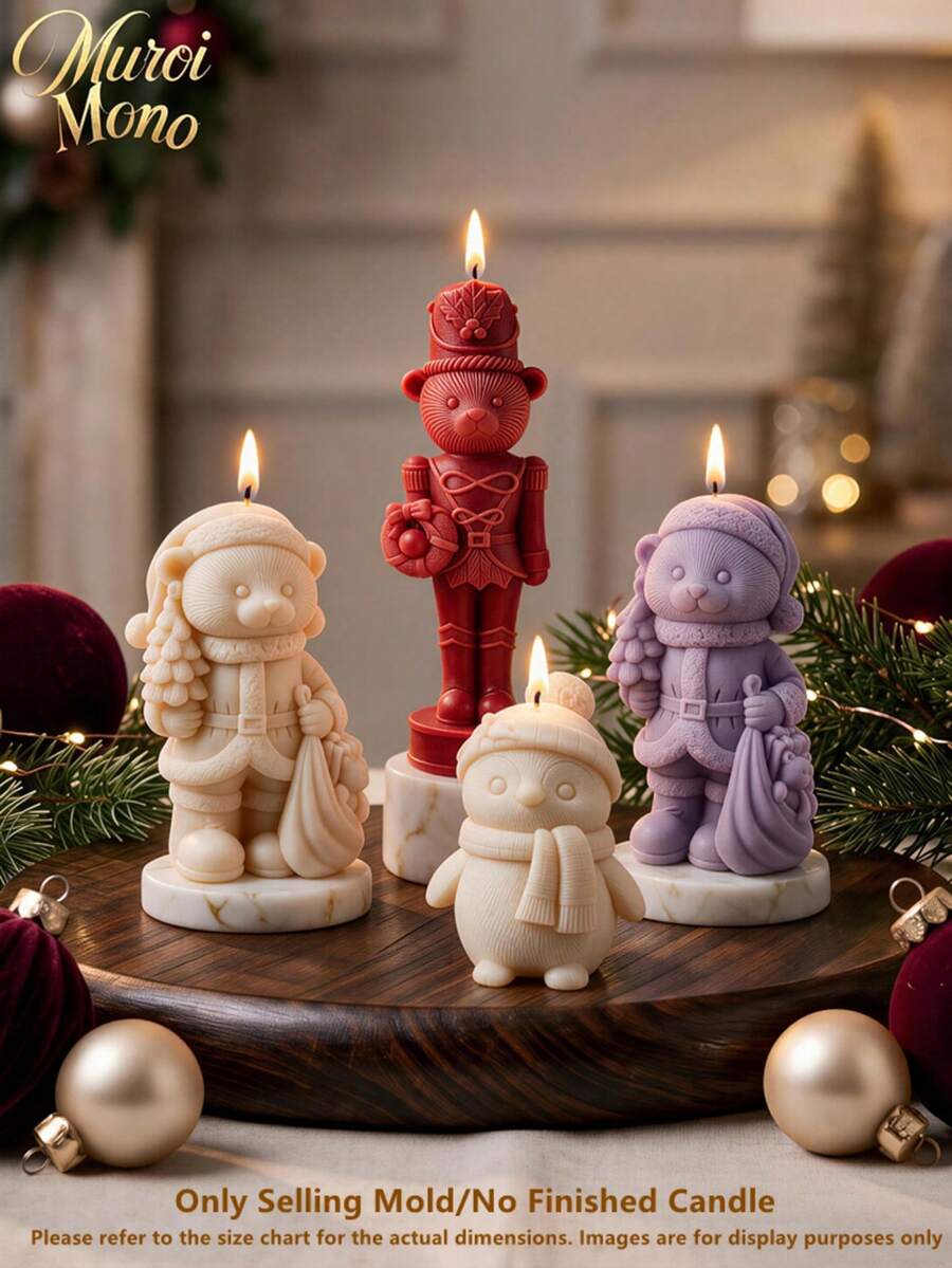 Christmas Bear Hold Gift Candle Mold Christmas Winter Penguin Soy Wax Silicone Mold Bear Nutcracker Soap Resin Plaster Gypsum Concrete Silicone Mould