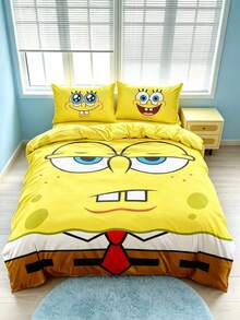 SpongeBob SquarePants | SHEIN 3件組卡通圖案被套組，柔軟保暖，可水洗，適用於單人/雙人/Queen/King尺寸床 - 黃色 - 查看 1