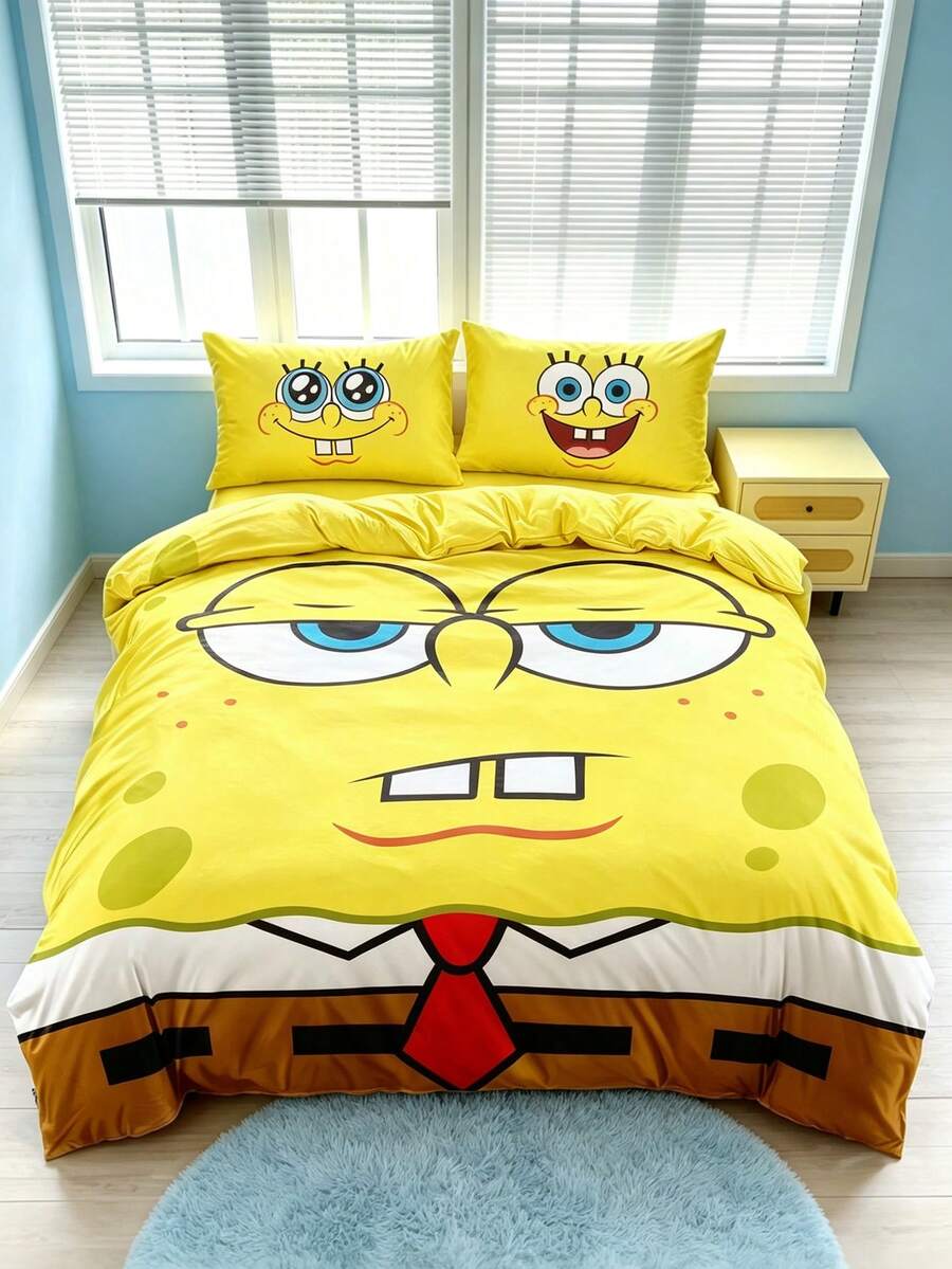 SpongeBob SquarePants | SHEIN 3件組卡通圖案被套組,柔軟保暖,可水洗,適用於單人/雙人/Queen/King尺寸床 - 黃色 - 查看 1