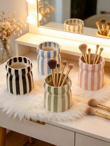 1PC Striped Ceramic Makeup Brush Holder Ins Style Organizer For Pencil Comb Storage Living Room Bedroom Desk Decor Holiday Gift For Family Friends - Multicolor - View 5