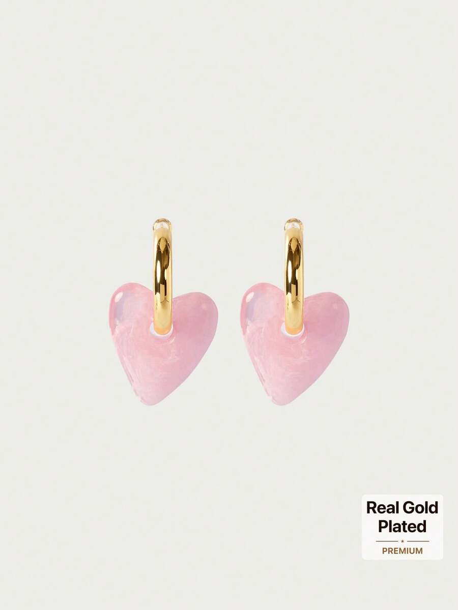 Glisma Amber Color Heart Shaped Hoop Earrings For Women, Exaggerated Luxury Personalized Earrings, Fashionable & Versatile, Autumn/Winter,Outfits,Gothic/Goth,Old Money,Beaded,Western Jewelry,Metallic/Texture,Gemstone,For Mom/Women/Girl/Mother,Premium,Vintage,Cross,SEXY/Classy,Summer/Beach/PromLayered/Gemstone/Beaded/Crystals,Charm/Chunky - Gold powder - View 1