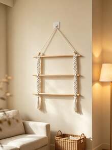 Cirelle Macrame Towel Holder Wall Hanging, 3-Tier Wooden Rod Blanket Ladder & Towel Rack, Boho Rope Wall Hanging Organizer For Bathroom, Bedroom, Living Room Decor - White - View 5