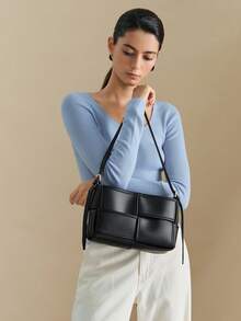 Wovira Women's Fashionable Black Shoulder Bag, Exquisite And Simple Splicing Square Bag, For Daily, Commuting, Shopping, Parties - Black - View 2