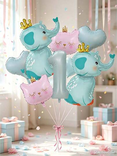MINKOJA Set Balon Foil Hewan Gajah Mahkota & Kucing Merah Muda, Kit Balon Mylar Aluminium Angka 1-9 Biru Sage Matte 32 Inci, Balon Foil Berbentuk Hati Biru Muda untuk Dekorasi Ulang Tahun Anak-Anak, Balon Dekoratif untuk Pesta, Baby Shower, Latar Belakang Foto, Perlengkapan Dekorasi Perayaan