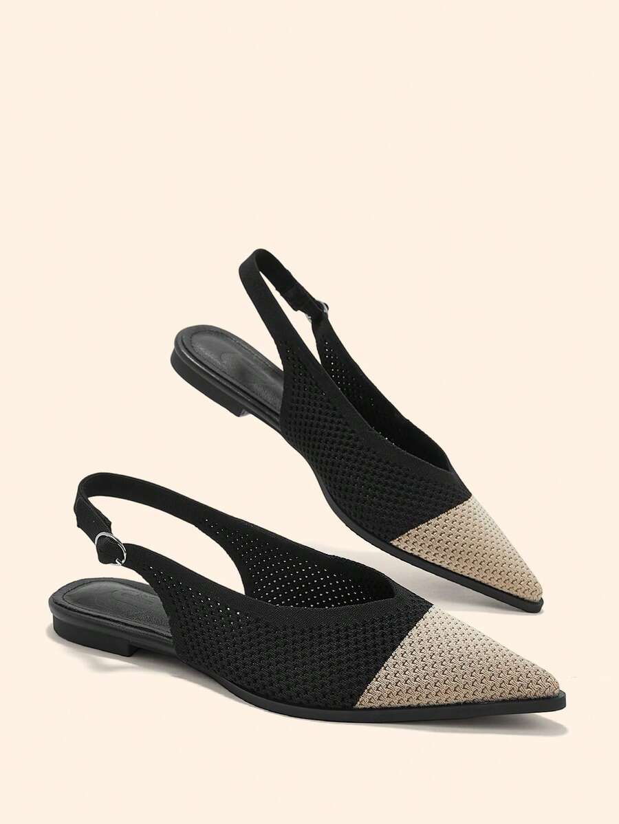 CUCCOO BASICS حذاء نسائي صيفي بلون أسود ومشمشي متناسق، بمقدمة مدببة وتصميم Slingback، بحزام خلفي ثلاثي رفيع، بنعل مسطح، قابل للتنفس، مناسب للتنقل اليومي - المشمش الأسود - مشاهدة 1