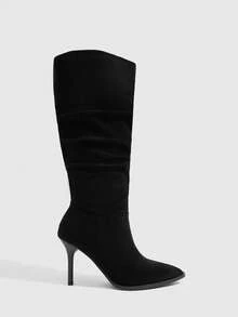 CUCCOO SZL Women's High-Heeled Pleated Pile-Pointed Stiletto High Leather Boots - Black - View 2