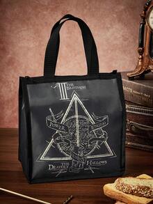 HARRY POTTER X SHEIN Tas Bekal Makan Siang Berinsulasi Motif Rune Segitiga Vintage, Lapisan Dalam Penahan Panas. Muat Bento dan Minuman untuk Pekerja Kantoran, Pelajar, dan Perjalanan Piknik. - Khaki hitam - View 3