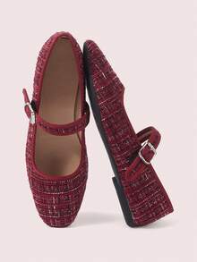 CUCCOO DOLLMOD Women's Shoes, Burgundy Fabric, Square Toe Simple Buckle Flats, Comfortable Atmosphere, Versatile Soft Sole For Daily Commuting Mary Jane - Red Violet - View 1
