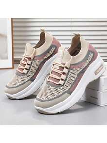 2025 Spring Women'S Thick Sole Casual Sneakers, Breathable Comfortable Platform Shoes For Mothers - Beige - View 4