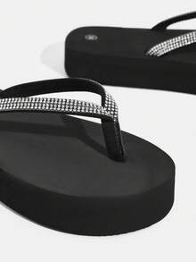 Grefit Fashionable Black Rhinestone Comfort Thick Sole Slip-On Sandals, Suitable For Shopping, Beach, Vacation And Home Wear - Black - View 12