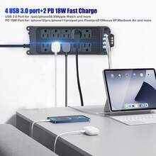 Teckwe 16-In-1 Power Strip Surge Protector With USB, 10 Widely Spaced AC Outlets, 4 USB-A & 2 USB-C PD 18W Fast Charging Ports, 4 FT Extension Cord, 2400W/12A Wall Mountable Outlet Extender For Home Office - Black - View 9