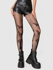 ROMWE Goth 1雙Y2K個性化簡約可愛漁網襪，蝴蝶蘑菇提花漁網褲襪 - 黑色17 - 查看 5