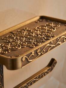 Cirelle 1Pc Wall‑Mounted Toilet Paper Holder, Space‑Aluminum Material With Carved Vintage Scroll Patterns, Built‑In Shelf And Side Hook, Multi‑Storage Fixture For Bathroom Lavatory Wall Space Organization - Multicolor - View 2