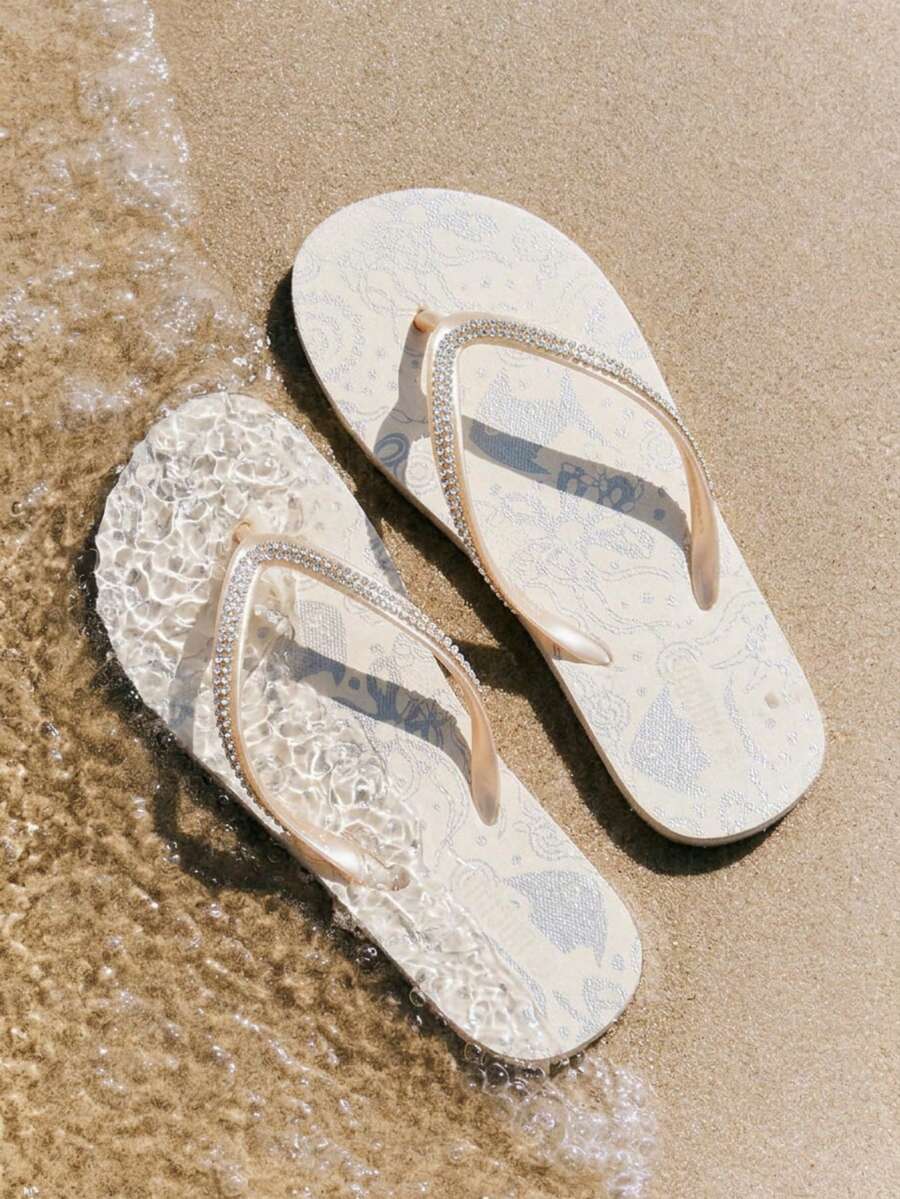 Grefit Women Shoes Summer Rhinestone Mermaid Pattern Non-Slip Braided Belt Open-Toe Flat Bottom, Light Luxury Rubber Rice Silver Flash Flip-Flops, Suitable For Seaside Vacation/Pool Party/Summer Dinner Beach Shoes Summer Shoes - Off-white - View 1