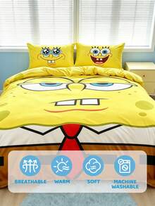 SpongeBob SquarePants | SHEIN 3件組卡通圖案被套組，柔軟保暖，可水洗，適用於單人/雙人/Queen/King尺寸床 - 黃色 - 查看 8