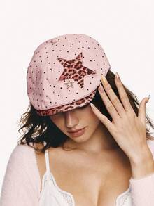 Popjeli Topi Baseball Retro Y2K Motif Polkadot Merah Muda Keren dengan Tambal Sulam Bintang Leopard - Berwarna merah muda - View 1