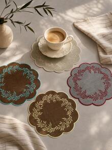 Cirelle 1PC Premium Embroidered Leaf Wreath Dining Placemat, Scalloped Edge Waterproof Oil Resistant Table Mat, Elegant Heat Insulated Fabric Pad For Dining Room Coffee Table Home Decoration - Multicolor - View 11