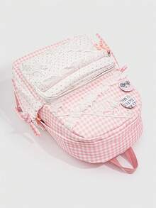 ROMWE Kawaii 1Pc Sweet Plaid Backpack, Star‑Decorated School Backpack, Aesthetic Lace Ruffle Preppy School Bag, Back‑To‑School & Travel Shoulder Bag - Pink - View 8